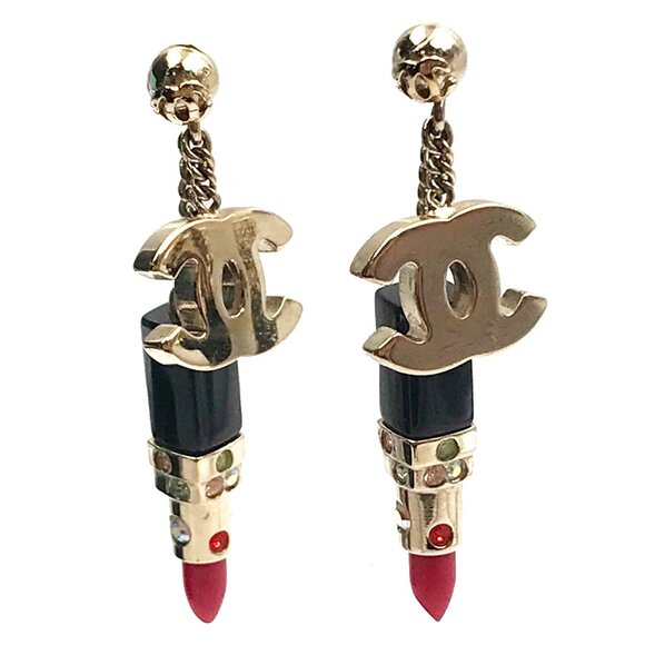 Chanel Rare Gold CC Lipstick Crystal Dangle Piercing Earrings - Picture 1 of 4